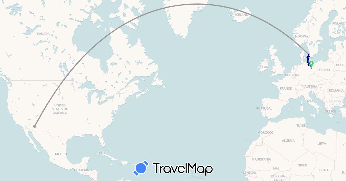 TravelMap itinerary: driving, bus, plane in Germany, Denmark, United States (Europe, North America)